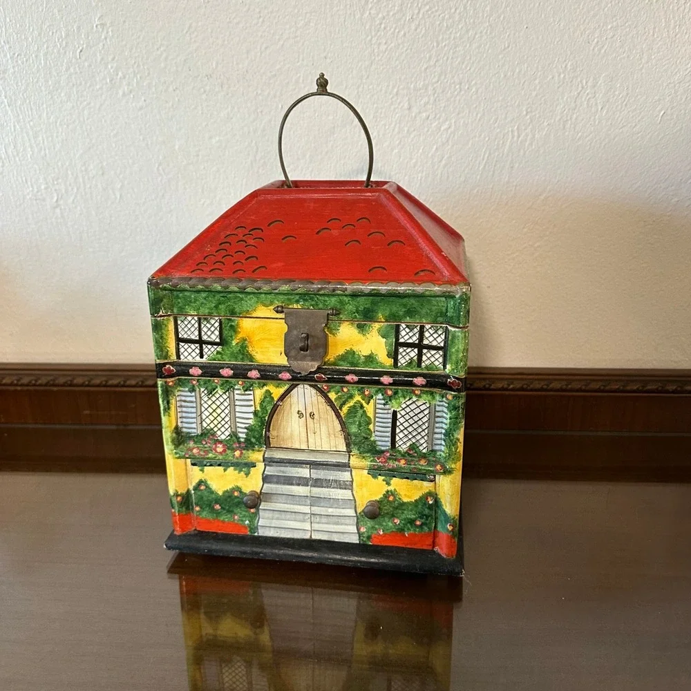 Vtg Foreside Hand Painted Wood Cottage Jewelry Box House 2 Drawer India